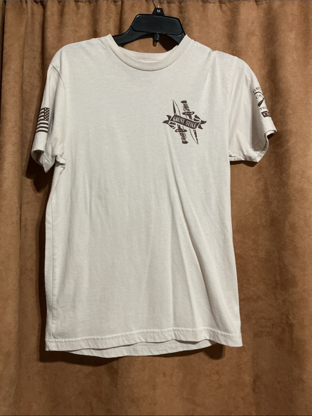 Grunt Style Short Sleeve Crewneck T-Shirt in Light Beige with Brown Graphics